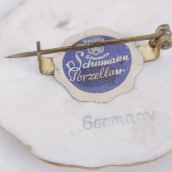 VTG Signed Schumann Bavaria Hand Painted Porcelain Floral Brooch 20s C-Clasp Pin - Picture 9 of 16